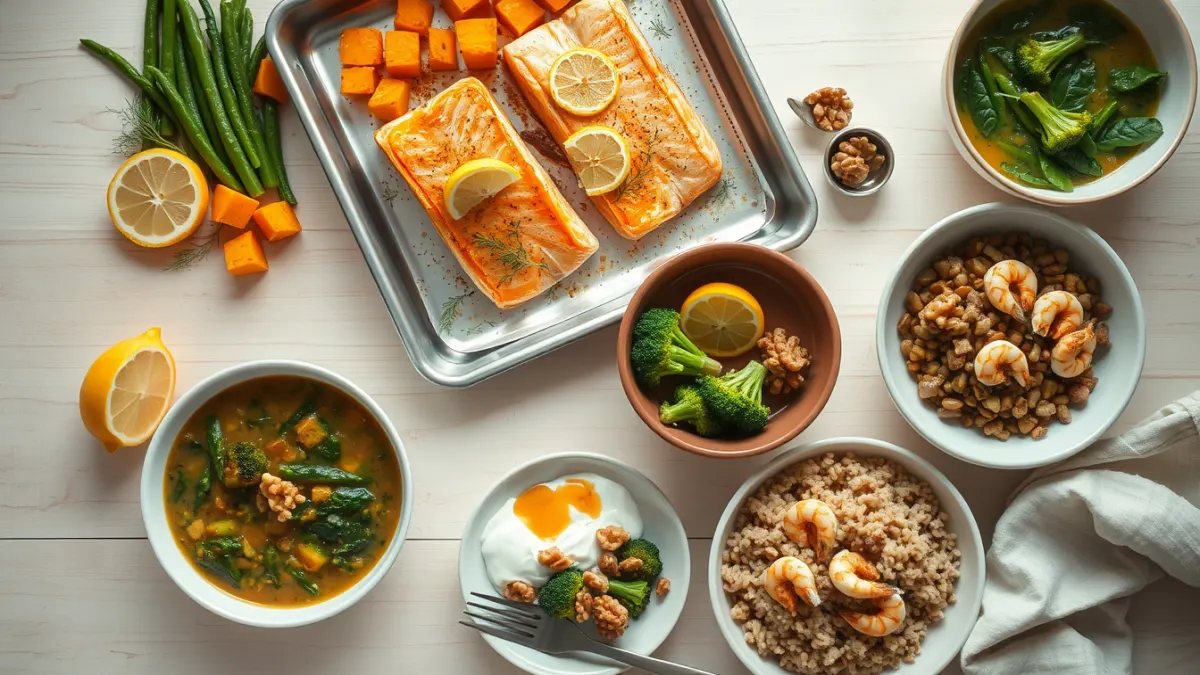 Salmone al forno con limone, zucca arrosto, zuppa di lenticchie, gamberi con cereali e yogurt greco con noci per un menu pescetariano