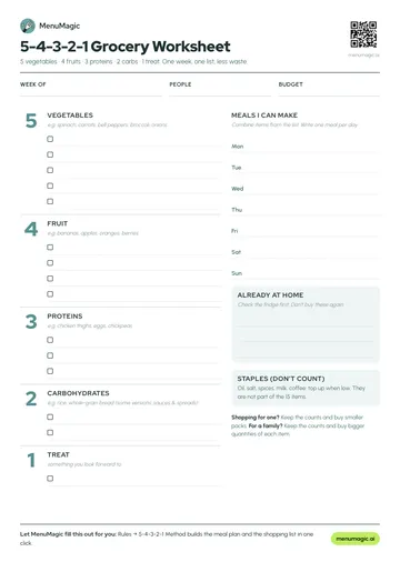 5-4-3-2-1 Grocery Worksheet