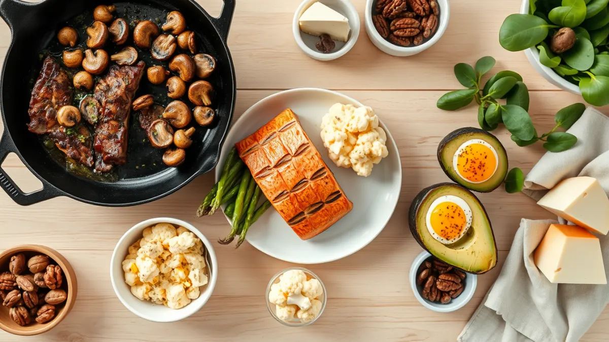 Seared steak with mushrooms, salmon with asparagus, avocado halves with baked eggs, mashed cauliflower, pecans and cheese for a keto meal plan
