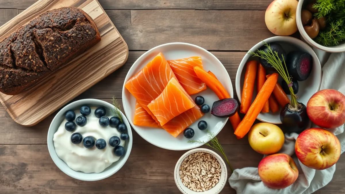Rye bread, smoked salmon, berries, skyr and root vegetables on a wooden table for a Nordic diet meal plan