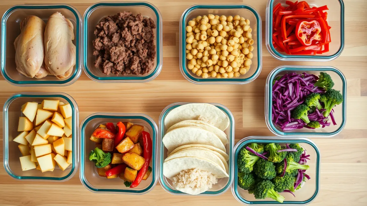 Pollo, riso, patate e verdure cucinati in anticipo e divisi in contenitori per il meal prep 3-3-3